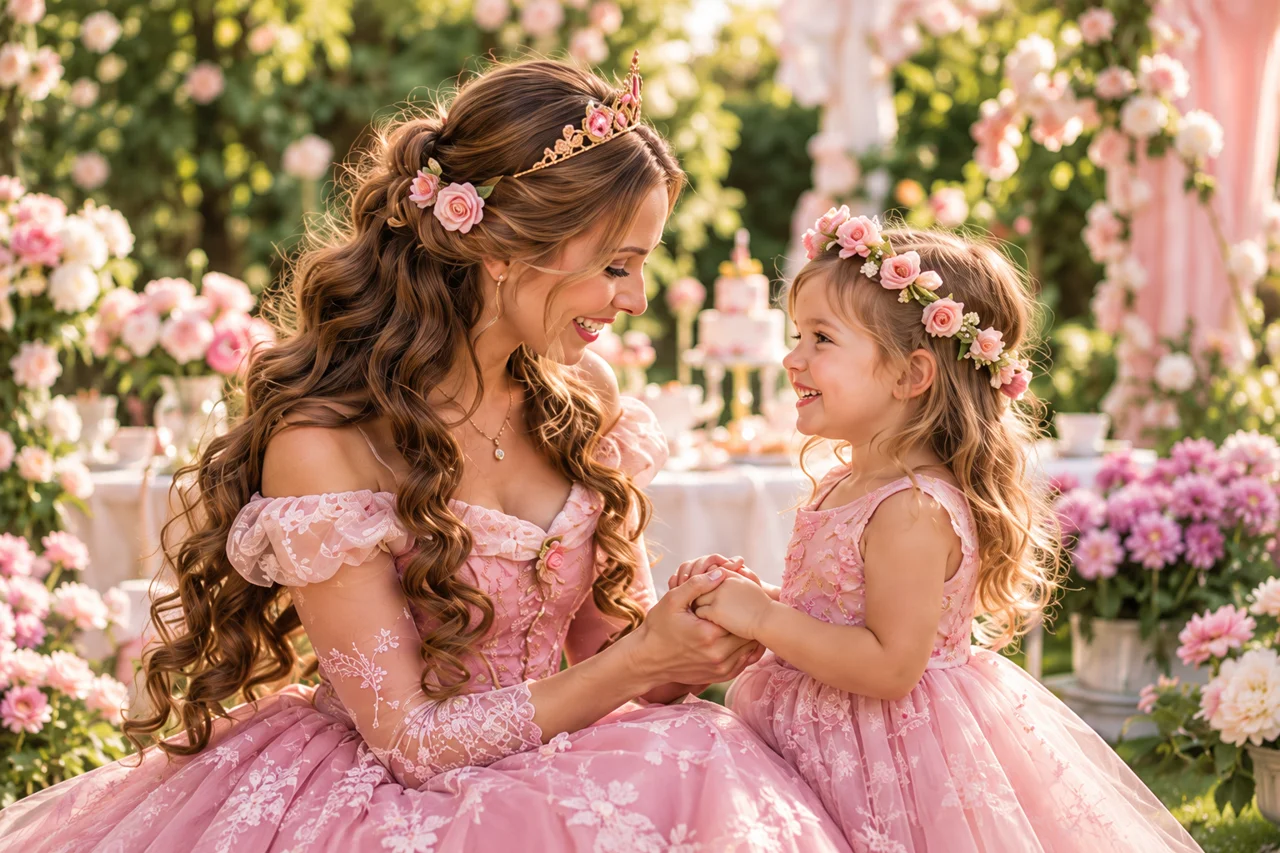 Eine Prinzessin und ein Mädchen mit Blumenkränzen teilen einen glücklichen Moment im Garten. KI-generiertes Stimmungsmotiv.