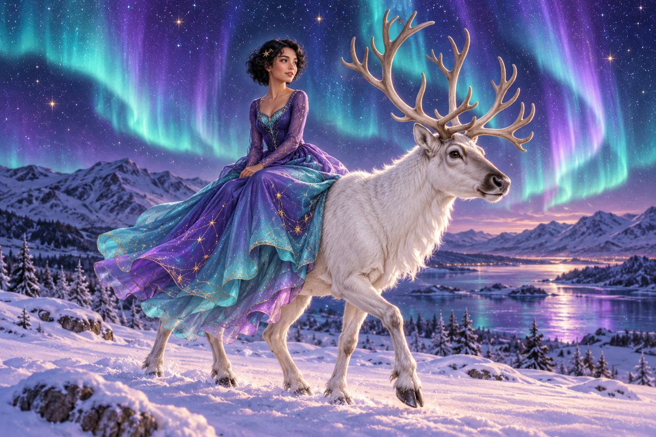 Lumi und ihr weißes Rentier in einer verschneiten Landschaft unter violetten und türkisen Polarlichtern. KI-generiert.