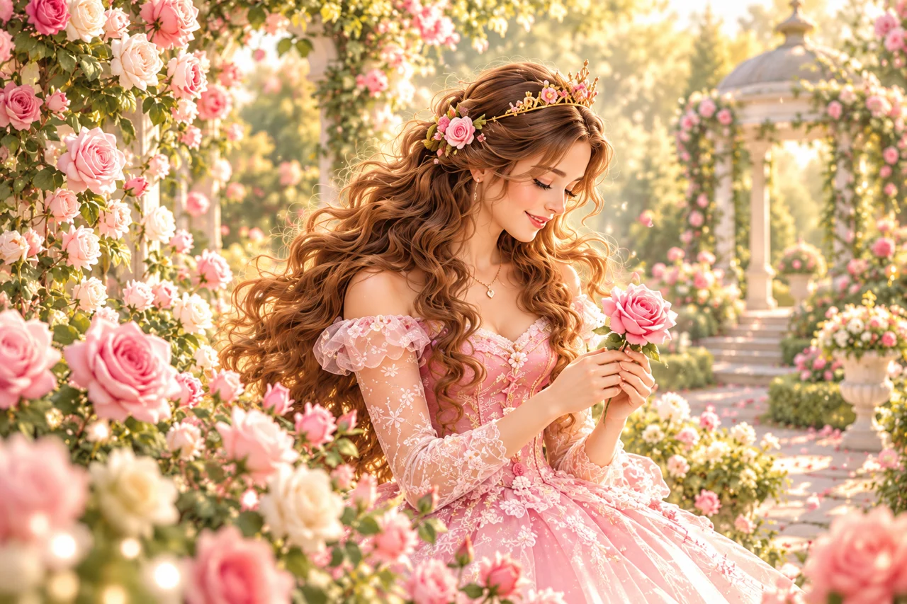 Die Rosenprinzessin mit langen braunen Locken, Rosenkrone und rosafarbenem Kleid hält eine Rose. Hinter ihr steht ein kleiner Gartenpavillon. KI-Illustration.