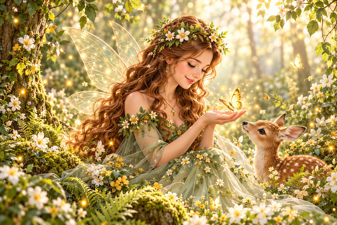 Die Waldprinzessin mit langen braunen Haaren, Blütenkranz, grünem Kleid und zarten Flügeln hält einen leuchtenden Schmetterling. Ein Rehkitz schaut zu. KI-Illustration.